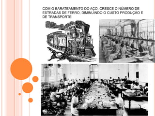 COM O BARATEAMENTO DO AÇO, CRESCE O NÚMERO DE
ESTRADAS DE FERRO, DIMINUINDO O CUSTO PRODUÇÃO E
DE TRANSPORTE
 