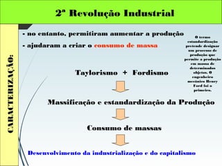 2ª Revolução IndustrialCARACTERIZAÇÃO:
- no entanto, permitiram aumentar a produção
- ajudaram a criar o consumo de massa
Taylorismo + Fordismo
Massificação e estandardização da Produção
Consumo de massas
Desenvolvimento da industrialização e do capitalismo
O termo
estandardização
pretende designar
um processo de
produção que
permite a produção
em massa de
determinados
objetos. O
engenheiro
mecânico Henry
Ford foi o
primeiro.
 