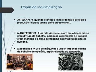 • ARTESANAL  quando o artesão tinha o domínio de toda a
produção (matéria-prima até o produto final).
• MANUFATUREIRA  os artesãos se reuniam em oficinas, havia
uma divisão de trabalho, porém os instrumentos de trabalho
eram manuais e o ritmo de trabalho era imposta pela força
humana.
• Mecanizada  uso de máquinas a vapor, impondo o ritmo
de trabalho ao operário, especialização da produção
Etapas da Industrialização
 