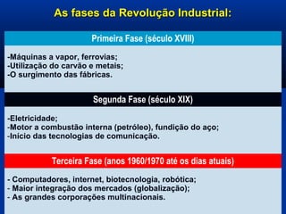 As fases da Revolução Industrial:As fases da Revolução Industrial:
Primeira Fase (século XVIII)
-Máquinas a vapor, ferrovias;
-Utilização do carvão e metais;
-O surgimento das fábricas.
Segunda Fase (século XIX)
-Eletricidade;
-Motor a combustão interna (petróleo), fundição do aço;
-Início das tecnologias de comunicação.
Terceira Fase (anos 1960/1970 até os dias atuais)
- Computadores, internet, biotecnologia, robótica;
- Maior integração dos mercados (globalização);
- As grandes corporações multinacionais.
 