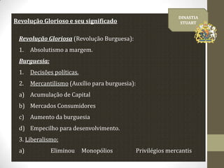 Revolução Glorioso e seu significado

DINASTIA
STUART

Revolução Gloriosa (Revolução Burguesa):
1.

Absolutismo a margem.

Burguesia:
1.

Decisões políticas.

2.

Mercantilismo (Auxílio para burguesia):

a) Acumulação de Capital
b) Mercados Consumidores
c) Aumento da burguesia
d) Empecilho para desenvolvimento.
3. Liberalismo:

a)

Eliminou

Monopólios

Privilégios mercantis

 