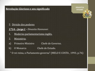 Revolução Glorioso e seu significado

DINASTIA
STUART

2. Divisão dos poderes
1714 – Jorge I – Dinastia Hannover.
1.

Moderno parlamentarismo inglês.

2.

Ministério.

a)

Primeiro Ministro

b)

O Monarca

Chefe de Governo.
Chefe de Estado.

“ O rei reina, o Parlamento governa” (MELO E COSTA , 1993, p.76)

 