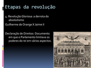 Etapas da revolução
4. Revolução Gloriosa: a derrota do
absolutismo
Guilherme de Orange X Jaime II
Declaração de Direitos: Documento
em que o Parlamento limitava os
poderes do rei em vários aspectos.
 