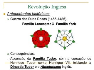 Revolução Inglesa
 Antecedentes históricos:
 Guerra das Duas Rosas (1455-1485).
Família Lancaster X Família York
 Consequências:
- Ascensão da Família Tudor, com a coroação de
Henrique Tudor como Henrique VII, iniciando a
Dinastia Tudor e o Absolutismo inglês.
 