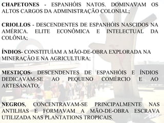 CHAPETONES  - ESPANHÓIS NATOS. DOMINAVAM OS ALTOS CARGOS DA ADMINISTRAÇÃO COLONIAL; CRIOLLOS  - DESCENDENTES DE ESPANHÓIS NASCIDOS NA AMÉRICA. ELITE ECONÔMICA E INTELECTUAL DA COLÔNIA; MESTIÇOS - DESCENDENTES DE ESPANHÓIS E ÍNDIOS DEDICAVAM-SE AO PEQUENO COMÉRCIO E AO ARTESANATO; ÍNDIOS - CONSTITUÍAM A MÃO-DE-OBRA EXPLORADA NA MINERAÇÃO E NA AGRICULTURA; NEGROS , CONCENTRAVAM-SE PRINCIPALMENTE NAS ANTILHAS E FORMAVAM A MÃO-DE-OBRA ESCRAVA UTILIZADA NAS PLANTATIONS TROPICAIS. 