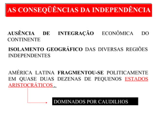 AS CONSEQÜÊNCIAS DA INDEPENDÊNCIA AMÉRICA LATINA  FRAGMENTOU-SE  POLITICAMENTE EM QUASE DUAS DEZENAS DE PEQUENOS  ESTADOS ARISTOCRÁTICOS  .  ISOLAMENTO GEOGRÁFICO  DAS DIVERSAS REGIÕES INDEPENDENTES   AUSÊNCIA DE INTEGRAÇÃO  ECONÔMICA DO CONTINENTE . DOMINADOS POR CAUDILHOS 
