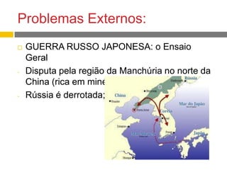 Problemas Externos:
 GUERRA RUSSO JAPONESA: o Ensaio
Geral
- Disputa pela região da Manchúria no norte da
China (rica em minérios de ferro);
- Rússia é derrotada;
 
