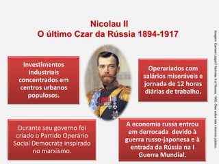 Investimentos
industriais
concentrados em
centros urbanos
populosos.
Operariados com
salários miseráveis e
jornada de 12 horas
diárias de trabalho.
Durante seu governo foi
criado o Partido Operário
Social Democrata inspirado
no marxismo.
A economia russa entrou
em derrocada devido à
guerra russo-japonesa e à
entrada da Rússia na I
Guerra Mundial.
Nicolau II
O último Czar da Rússia 1894-1917
Imagem:
Earnest
Lipgart
/
Nicholas
II
of
Russia,
1900,
Óleo
sobre
tela
/
domínio
público.
 