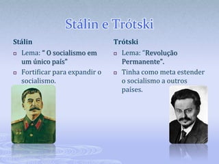 Ações do Partido ComunistaTomava-se decisões sem consultar a sociedade;A liberdade de imprensa foi suprimida;O sindicato dos sovietes perdem autonomia sendo obrigados a obedecer as ordens do partido;Em dezembro de 1922, um grande congresso reunindo os diferentes povos que habitavam o território russo fundou a União das Repúblicas Socialistas Soviéticas (URSS)