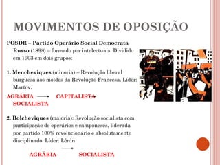 MOVIMENTOS DE OPOSIÇÃO POSDR – Partido Operário Social Democrata Russo  (1898) – formado por intelectuais. Dividido em 1903 em dois grupos: 1. Mencheviques  (minoria) – Revolução liberal burguesa aos moldes da Revolução Francesa. Líder: Martov. AGRÁRIA  CAPITALISTA  SOCIALISTA 2. Bolcheviques  (maioria): Revolução socialista com participação de operários e camponeses, liderada por partido 100% revolucionário e absolutamente disciplinado. Líder: Lênin . AGRÁRIA  SOCIALISTA 