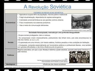 A Revolução Soviética
FATORES DA REVOLUCAO SOVIÉTICA
Económicos
 Agricultura ocupava 80% da população, mas era pobre e tradicional.
 Frágil industrialização, dependente de capitais estrangeiros.
 A atividade comercial limitava-se aos grandes centros urbanos.
 Fraco investimento nos sistemas produtivos.
 Vias e meios de comunicação deficientes.
Sociais
Sociedade hierarquizada, marcada por uma profunda desigualdade:
- Grupos sociais privilegiados: clero e nobreza;
- Os camponeses viviam miseravelmente, praticamente não tinham terra, pois esta encontrava-se na
mão dos nobres; (ler doc.5, p.34)
- O operariado era uma minoria, com baixos salários, horários pesados e más condições de habitação;
- A burguesia, composta essencialmente por funcionários públicos e profissionais liberais, vivia também
com grandes dificuldades e não tinha influência junto do governo.
Políticos
Regime autocrático, em que o czar, Nicolau II detinha o poder absoluto, apoiado pela Igreja Ortodoxa1 e
pela nobreza.
Ideológicos Influências das ideias socialistas
Fonte:
https://ecpsocialstudies6.files.wordpress.com/2013/11/russian_peasants.jpg
Fonte:
http://www.sistema.templodeapolo.net/imagens/textos/Nicolau%20II%20002%
20www.templodeapolo.net%20-%20painted_by_earnest_lipgart.jpg
1. Igreja Ortodoxa - conjunto de cristãos do Oriente que se desligou da obediência ao Papa em 1054
 