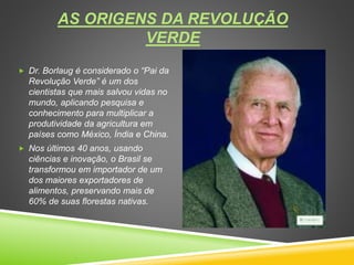 AS ORIGENS DA REVOLUÇÃO
VERDE
 Dr. Borlaug é considerado o “Pai da
Revolução Verde” é um dos
cientistas que mais salvou vidas no
mundo, aplicando pesquisa e
conhecimento para multiplicar a
produtividade da agricultura em
países como México, Índia e China.
 Nos últimos 40 anos, usando
ciências e inovação, o Brasil se
transformou em importador de um
dos maiores exportadores de
alimentos, preservando mais de
60% de suas florestas nativas.
 