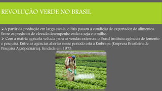 REVOLUÇÃO VERDE NO BRASIL
A partir da produção em larga escala, o País passou à condição de exportador de alimentos.
Entre os produtos de elevado desempenho estão a soja e o milho.
 Com a matriz agrícola voltada para as vendas externas, o Brasil instituiu agências de fomento
e pesquisa. Entre as agências abertas nesse período está a Embrapa (Empresa Brasileira de
Pesquisa Agropecuária), fundada em 1973.
 