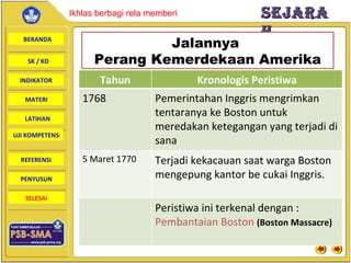Jalannya  Perang Kemerdekaan Amerika Tahun Kronologis Peristiwa 1768 Pemerintahan Inggris mengrimkan tentaranya ke Boston untuk   meredakan ketegangan yang terjadi di sana 5 Maret 1770 Terjadi  kekacauan saat warga Boston mengepung kantor be cukai Inggris. Peristiwa ini terkenal dengan : Pembantaian Boston  (Boston Massacre) 