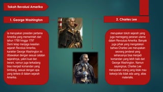 Tokoh Revolusi Amerika 
1. George Washington 2. Charles Lee 
Ia merupakan presiden pertama 
Amerika yang memerintah dari 
tahun 1789 hingga 1797 
Demi tetap menjaga keaslian 
sejarah Revolusi Amerika, 
karakter George Washington ini 
dibawakan dengan sesuai catatan 
sejarahnya, yakni kuat dan 
berani, namun juga terkadang 
bisa menjadi komandan yang 
bimbang, sesuai dengan apa 
yang tertera di dalam sejarah 
Amerika. 
merupakan tokoh sejarah yang 
juga memegang peranan utama 
dalam Revoulusi Amerika. Banyak 
juga pihak yang mengatakan 
bahwa Charles Lee merupakan 
seorang jenderal yang 
seharusnya bisa menjadi 
komandan yang lebih baik dari 
George Washington. Namun 
sayangnya, Charles Lee 
merupakan orang yang tidak mau 
bekerja bila tidak ada uang, alias 
materialis. 
 