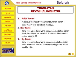 BERANDA
SK / KD
INDIKATOR
SejarahRela Berbagi Ikhlas Memberi
MATERI
LATIHAN
UJI
KOMPETENSI
REFERENSI
PENYUSUN
SELESAI
1. Paleo Tecnic
Yaitu revolusi industri yang menggunakan bahan
bakar mesin uap, batu bara dan kayu.
2. New Teknik
Yaitu revolusi industri yang menggunakan bahan bakar
listrik dan minya. Pertama kali di Jerman dan Amerika
serikat abad ke-19
3. Bio Tecknic
Yaitu revolusi industri yang menggunkan bahan bakar
atom dan nuklir. Pertma kali berkembang di Uni Soviet
abad ke – 20.
TINGKATAN
REVOLUSI INDUSTRI
 
