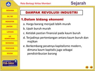 BERANDA
SK / KD
INDIKATOR
SejarahRela Berbagi Ikhlas Memberi
MATERI
LATIHAN
UJI
KOMPETENSI
REFERENSI
PENYUSUN
SELESAI
1.Dalam bidang ekonomi
a. Harga barang menjadi lebih murah
b. Upah buruh murah
c. Ketidak pastian finansial pada kaum buruh
d. Terjadinya pertentangan antara kaum buruh dan
majikan
e. Berkembang pesatnya kapitalisme modern,
dimana kaum kapitalis juga sebagai
pendistribusian barang
DAMPAK REVOLUSI INDUSTRI
 