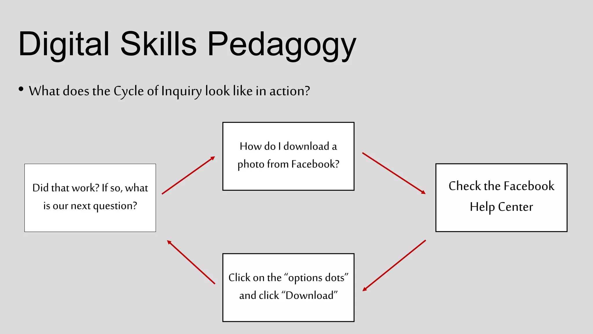 Digital Skills Pedagogy
• Whatdoesthe Cycle ofInquiry looklikein action?
Howdo I download a
photo from Facebook?
Check the Facebook
Help Center
Click on the “options dots”
and click “Download”
Did that work? If so, what
is ournext question?
 