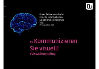 #4 Kommunizieren
Sie visuell!
#VisualStorytelling
Unser Gehirn verarbeitet
visuelle Informationen
60.000 mal schneller als
Text.
3M Corporation, 2001
 