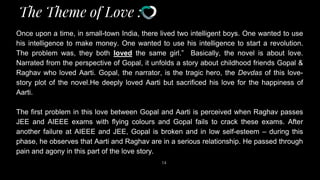 The Theme of Love :
14
Once upon a time, in small-town India, there lived two intelligent boys. One wanted to use
his intelligence to make money. One wanted to use his intelligence to start a revolution.
The problem was, they both loved the same girl.” Basically, the novel is about love.
Narrated from the perspective of Gopal, it unfolds a story about childhood friends Gopal &
Raghav who loved Aarti. Gopal, the narrator, is the tragic hero, the Devdas of this love-
story plot of the novel.He deeply loved Aarti but sacrificed his love for the happiness of
Aarti.
The first problem in this love between Gopal and Aarti is perceived when Raghav passes
JEE and AIEEE exams with flying colours and Gopal fails to crack these exams. After
another failure at AIEEE and JEE, Gopal is broken and in low self-esteem – during this
phase, he observes that Aarti and Raghav are in a serious relationship. He passed through
pain and agony in this part of the love story.
 