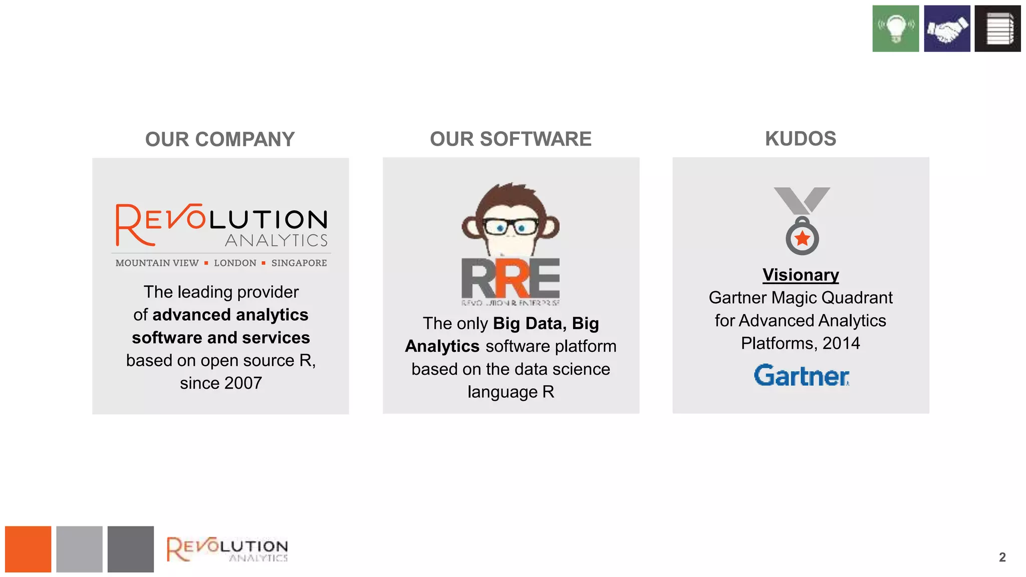 2
OUR COMPANY
The leading provider
of advanced analytics
software and services
based on open source R,
since 2007
OUR SOFTWARE
The only Big Data, Big
Analytics software platform
based on the data science
language R
KUDOS
Visionary
Gartner Magic Quadrant
for Advanced Analytics
Platforms, 2014
 