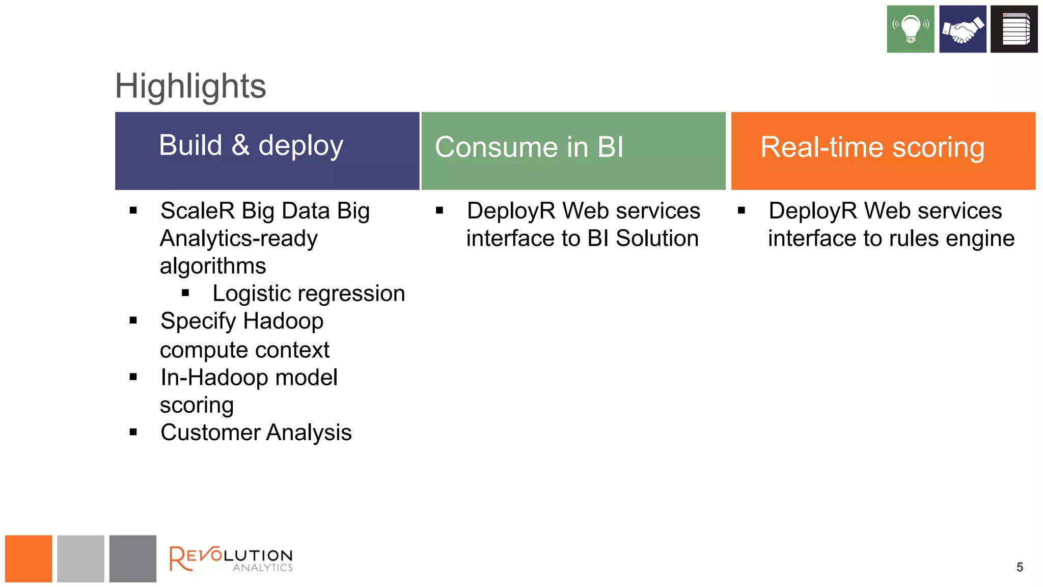 Highlights 
Build & deploy Consume in BI Real-time scoring 
§ ScaleR Big Data Big 
Analytics-ready 
algorithms 
§ Logistic regression 
§ Specify Hadoop 
compute context 
§ In-Hadoop model 
scoring 
§ Customer Analysis 
§ DeployR Web services 
interface to BI Solution 
§ DeployR Web services 
interface to rules engine 
5 
 
