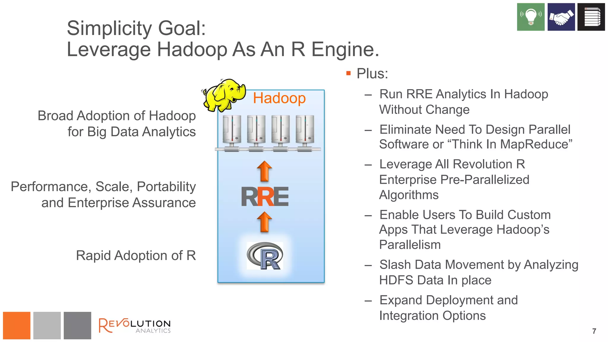 7 
Simplicity Goal: 
Leverage Hadoop As An R Engine. 
§ Plus: 
– Run RRE Analytics In Hadoop 
Without Change 
– Eliminate Need To Design Parallel 
Software or “Think In MapReduce” 
– Leverage All Revolution R 
Enterprise Pre-Parallelized 
Algorithms 
– Enable Users To Build Custom 
Apps That Leverage Hadoop’s 
Parallelism 
– Slash Data Movement by Analyzing 
HDFS Data In place 
– Expand Deployment and 
Integration Options 
Broad Adoption of Hadoop 
for Big Data Analytics 
Performance, Scale, Portability 
and Enterprise Assurance 
Rapid Adoption of R 
Hadoop 
 