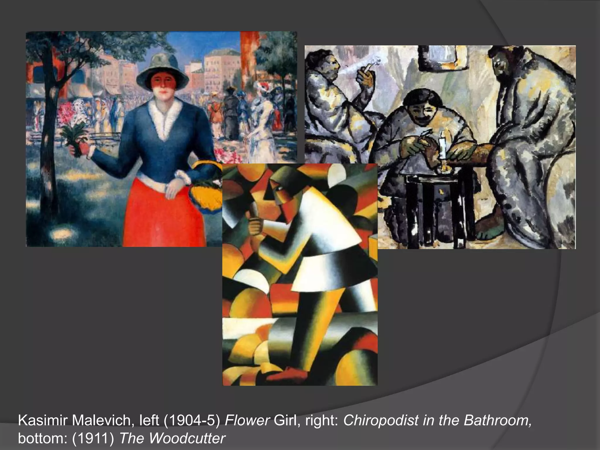 Kasimir Malevich, left (1904-5) Flower Girl, right: Chiropodist in the Bathroom, bottom: (1911) The Woodcutter
