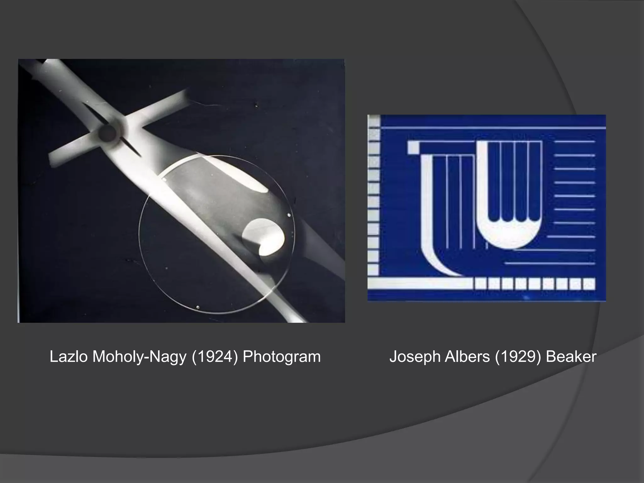 BauhausLászló Moholy-Nagy and Josef Albers were important figures at the Bauhaus (from about 1923 onwards), encouraging a much more rational approach to design and an understanding of materials.  Moholy-Nagy’s employment in particular demonstrates the director, Walter Gropius’, determination to reform the Bauhaus.Left, Examples from Albers paper cutting exercises. Above, the functional products of the metal workshop after it was taken over by Moholy-Nagy.
