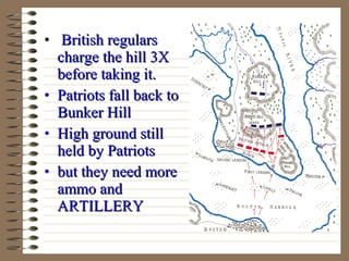 • British regulars
charge the hill 3X
before taking it.
• Patriots fall back to
Bunker Hill
• High ground still
held by Patriots
• but they need more
ammo and
ARTILLERY

 