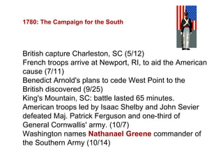 1780: The Campaign for the South British capture Charleston, SC (5/12) French troops arrive at Newport, RI, to aid the American cause (7/11) Benedict Arnold's plans to cede West Point to the British discovered (9/25) King's Mountain, SC: battle lasted 65 minutes. American troops led by Isaac Shelby and John Sevier defeated Maj. Patrick Ferguson and one-third of General Cornwallis' army. (10/7) Washington names  Nathanael Greene  commander of the Southern Army (10/14) 