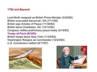 1782 and Beyond Lord North resigned as British Prime Minister (3/20/82) British evacuated Savannah, GA (7/11/82) British sign Articles of Peace (11/30/82) British leave Charleston, SC (12/14/82) Congress ratifies preliminary peace treaty (4/19/83) Treaty of Paris (9/3/83) British troops leave New York (11/25/83) Washington Resigns as Commander (12/23/83) U.S. Constitution ratified (9/17/87) 
