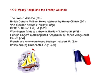1778: Valley Forge and the French Alliance The French Alliance (2/6) British General William Howe replaced by Henry Clinton (3/7) Von Steuben arrives at Valley Forge Battle of Barren Hill, PA (5/20) Washington fights to a draw at Battle of Monmouth (6/28) George Rogers Clark captured Kaskaskia, a French village near Detroit (7/4) French and American forces besiege Newport, RI (8/8) British occupy Savannah, GA (12/29) 