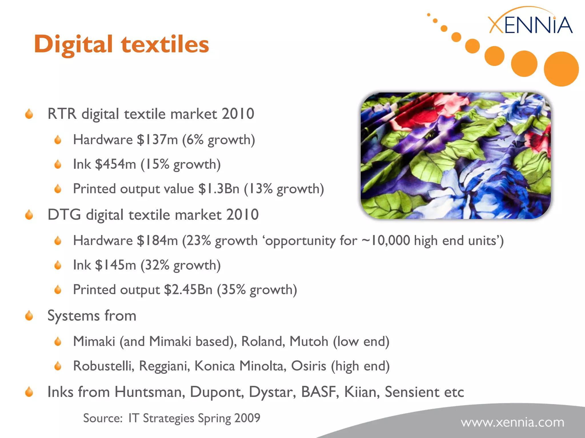 Digital textiles

 RTR digital textile market 2010
    Hardware $137m (6% growth)
    Ink $454m (15% growth)
    Printed output value $1.3Bn (13% growth)
 DTG digital textile market 2010
    Hardware $184m (23% growth „opportunity for ~10,000 high end units‟)
    Ink $145m (32% growth)
    Printed output $2.45Bn (35% growth)
 Systems from
    Mimaki (and Mimaki based), Roland, Mutoh (low end)
    Robustelli, Reggiani, Konica Minolta, Osiris (high end)
 Inks from Huntsman, Dupont, Dystar, BASF, Kiian, Sensient etc
      Source: IT Strategies Spring 2009
 