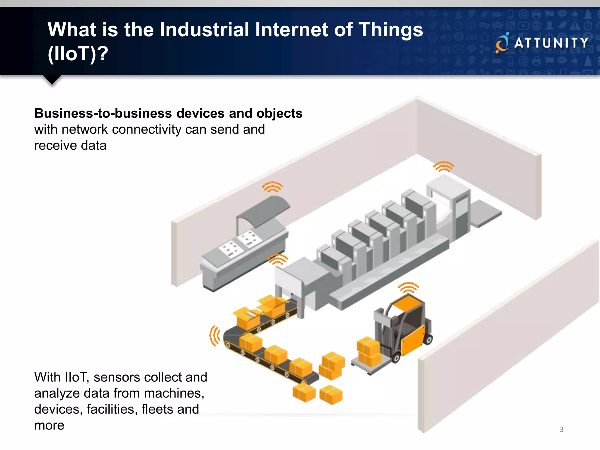 What is the Industrial Internet of Things
(IIoT)?
Business-to-business devices and objects
with network connectivity can send and
receive data
With IIoT, sensors collect and
analyze data from machines,
devices, facilities, fleets and
more 3
 