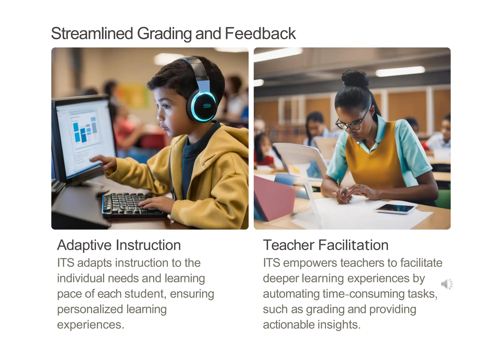 Adaptive Instruction
ITS adapts instruction to the
individual needs and learning
pace of each student, ensuring
personalized learning
experiences.
Streamlined Grading and Feedback
Teacher Facilitation
ITS empowers teachers to facilitate
deeper learning experiences by
automating time-consuming tasks,
such as grading and providing
actionable insights.
 