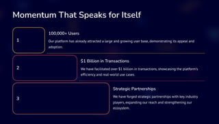 Momentum That Speaks for Itself
1
100,000+ Users
Our platform has already attracted a large and growing user base, demonstrating its appeal and
adoption.
2
$1 Billion in Transactions
We have facilitated over $1 billion in transactions, showcasing the platform's
efficiency and real-world use cases.
3
Strategic Partnerships
We have forged strategic partnerships with key industry
players, expanding our reach and strengthening our
ecosystem.
 