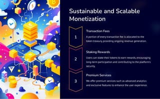 Sustainable and Scalable
Monetization
1
Transaction Fees
A portion of every transaction fee is allocated to the
token treasury, providing ongoing revenue generation.
2
Staking Rewards
Users can stake their tokens to earn rewards, encouraging
long-term participation and contributing to the platform's
security.
3
Premium Services
We offer premium services such as advanced analytics
and exclusive features to enhance the user experience.
 