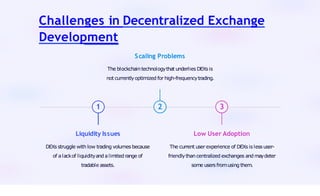 Challenges in Decentralized Exchange
Development
1
Liquidity Issues
DEXs struggle with low trading volumes because
of alackof liquidityand alimited range of
tradable assets.
2
Scaling Problems
The blockchaintechnologythat underlies DEXs is
not currentlyoptimized for high-frequencytrading.
3
Low User Adoption
The current user experience of DEXs is less user-
friendlythancentralized exchanges and maydeter
some users fromusing them.
 