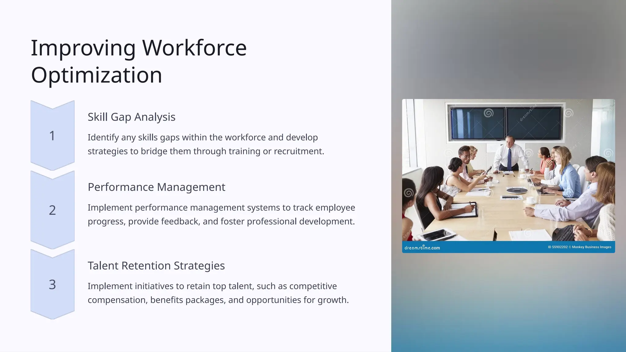 Improving Workforce
Optimization
Skill Gap Analysis
Identify any skills gaps within the workforce and develop
strategies to bridge them through training or recruitment.
Performance Management
Implement performance management systems to track employee
progress, provide feedback, and foster professional development.
Talent Retention Strategies
Implement initiatives to retain top talent, such as competitive
compensation, benefits packages, and opportunities for growth.
 