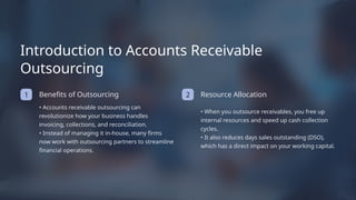 Resource Allocation
1
• When you outsource receivables, you free up
internal resources and speed up cash collection
cycles.
• It also reduces days sales outstanding (DSO),
which has a direct impact on your working capital.
2
• Accounts receivable outsourcing can
revolutionize how your business handles
invoicing, collections, and reconciliation.
• Instead of managing it in-house, many firms
now work with outsourcing partners to streamline
financial operations.
Benefits of Outsourcing
Introduction to Accounts Receivable
Outsourcing
 
