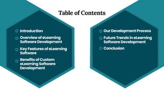 Table of Contents
Introduction Our Development Process
Overview of eLearning
Software Development
Key Features of eLearning
Software
Benefits of Custom
eLearning Software
Development
Future Trends in eLearning
Software Development
Conclusion
 