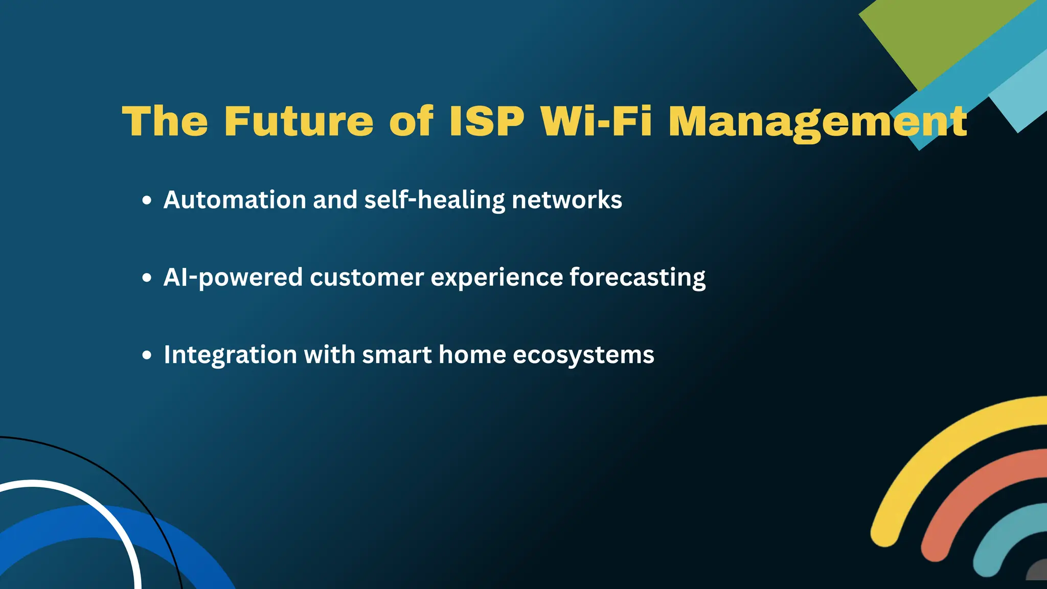 The Future of ISP Wi-Fi Management
Automation and self-healing networks
AI-powered customer experience forecasting
Integration with smart home ecosystems
 