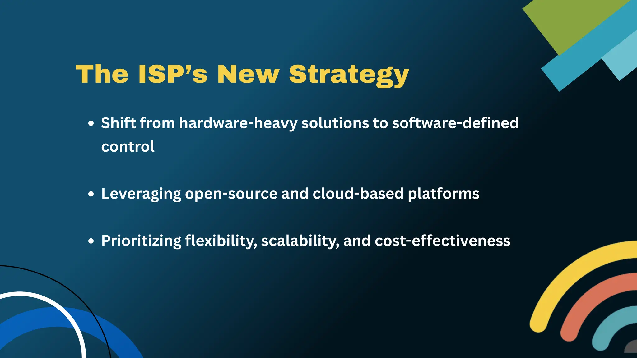 The ISP’s New Strategy
Shift from hardware-heavy solutions to software-defined
control
Leveraging open-source and cloud-based platforms
Prioritizing flexibility, scalability, and cost-effectiveness
 
