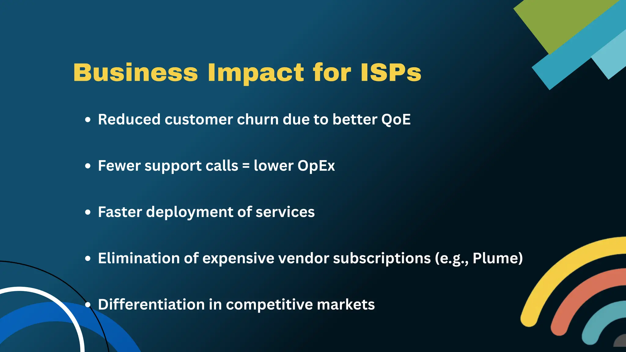Business Impact for ISPs
Reduced customer churn due to better QoE
Fewer support calls = lower OpEx
Faster deployment of services
Elimination of expensive vendor subscriptions (e.g., Plume)
Differentiation in competitive markets
 