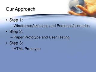 Our Approach

• Step 1:
  – Wireframes/sketches and Personas/scenarios
• Step 2:
  – Paper Prototype and User Testing
• Step 3:
  – HTML Prototype
 