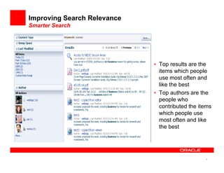 Improving Search Relevance
Smarter Search




                             • Top results are the
                               items which people
                               use most often and
                               like the best
                             • Top authors are the
                               people who
                               contributed the items
                               which people use
                               most often and like
                               the best




                                                 9
 