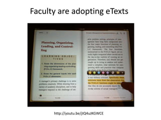 Faculty are adopting eTexts




      http://youtu.be/jIQ4uJKGWCE
 