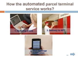 How the automated parcel terminal
         service works?




   1. Ordering online           2. Delivery to APT




                  3. Text message
                     notification
                                                     ..
 