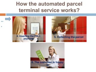 How the automated parcel
      terminal service works?
..
.

     4. Inserting the PIN +        5. Collecting the parcel
            payment




                  6. The customer is happy
                              
 